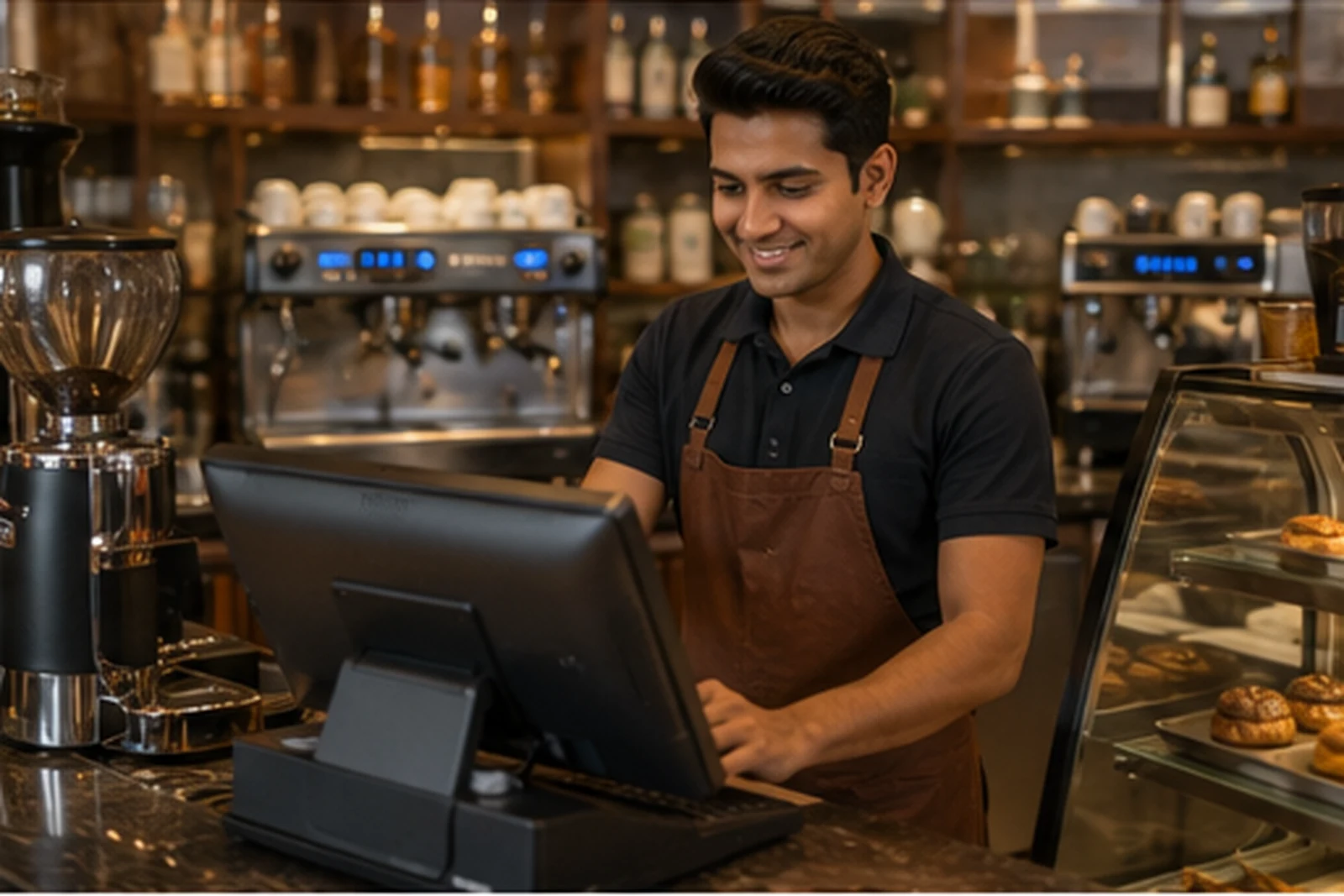 Cafe employee processing an order with digital billing equipment at a coffee counter