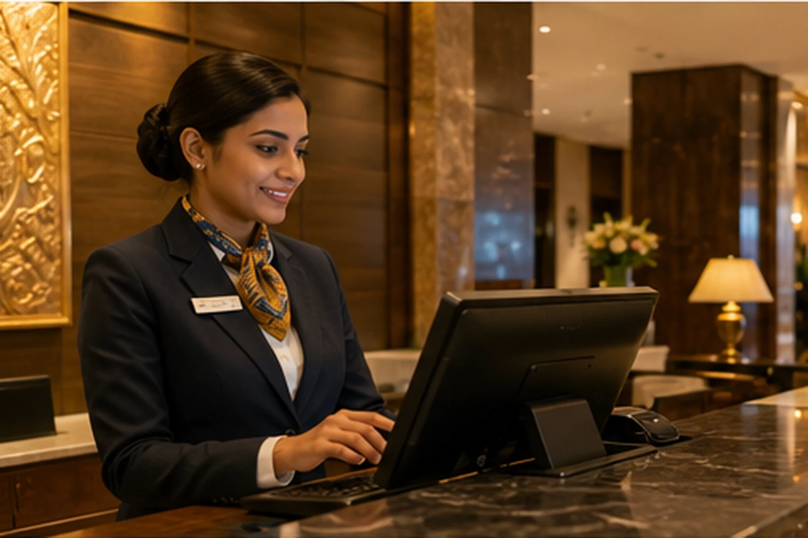 Indian hotel receptionist using a computer billing system at a luxury front desk