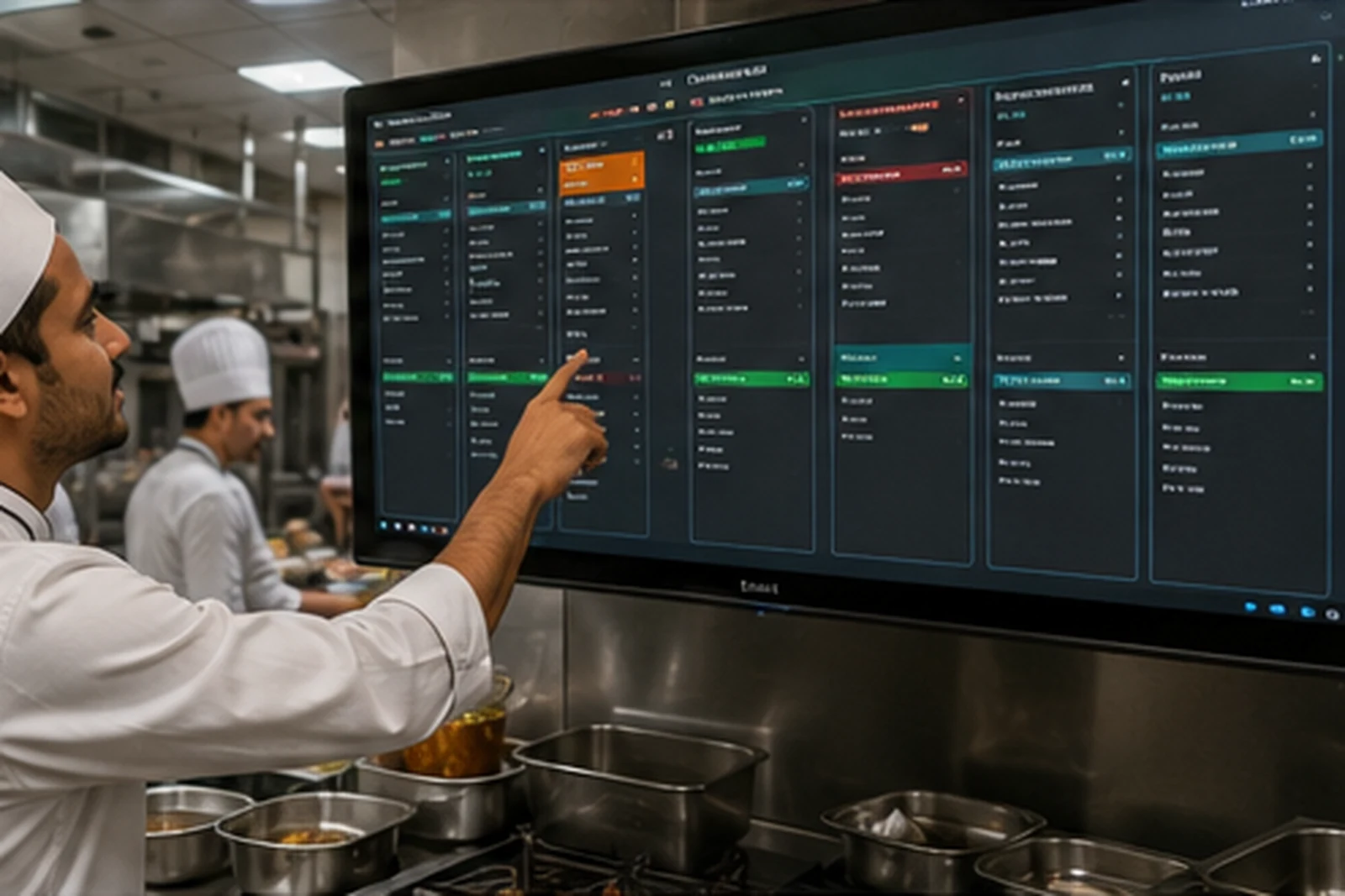 Commercial kitchen staff managing digital food orders on a kitchen display system