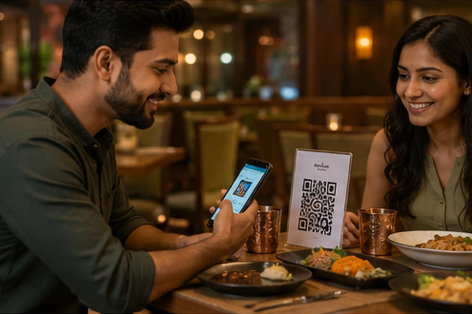 Restaurant customers using a smartphone beside a visible table QR code for digital ordering