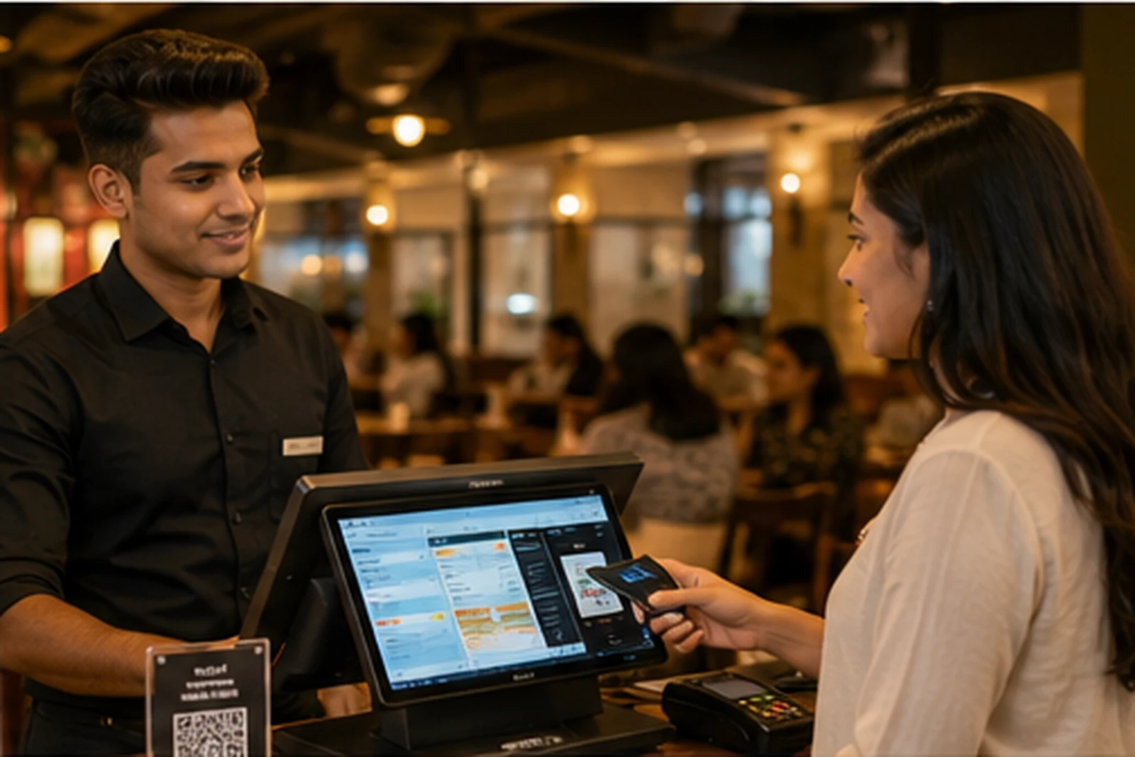 Restaurant cashier using a touchscreen POS terminal for billing and payment collection