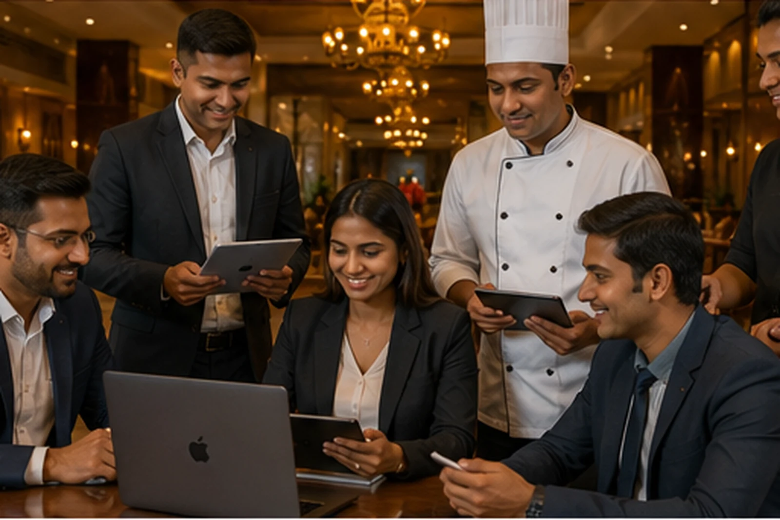 Professional hotel team coordinating guest service and management operations at reception